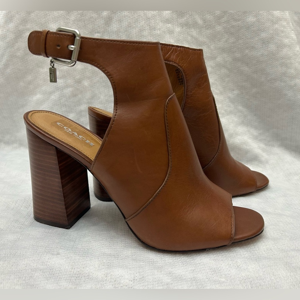 Coach Size 9 Mckendra Peep Toe Booties Brown Leather Ankle Buckle Open Heel